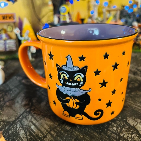 Halloween Stoneware Grinning Black Cat Camper Mug Stars Hat Pumpkin - Picture 6 of 7